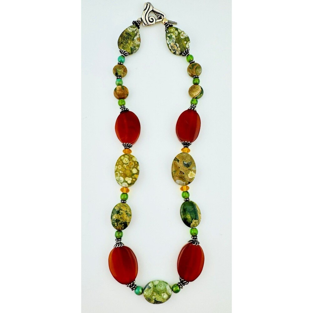 Natural Stone Carnelian Rainforest and Ocean Jasper Necklace Artisan USA Seller